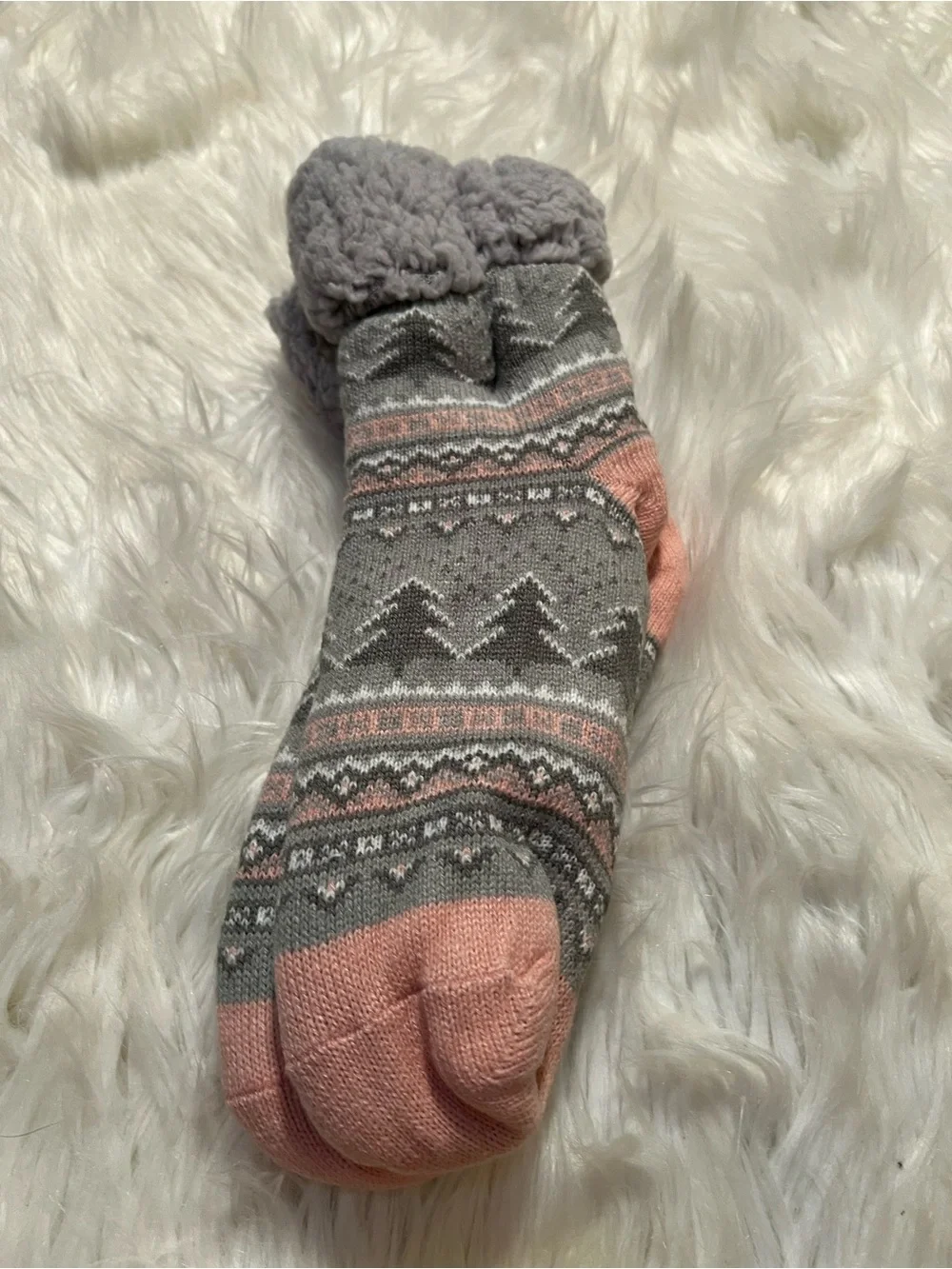 Ella & Joy Women's Sherpa Lined Lounge Bootie Socks Gray Pink Fair Isle SLSKL202